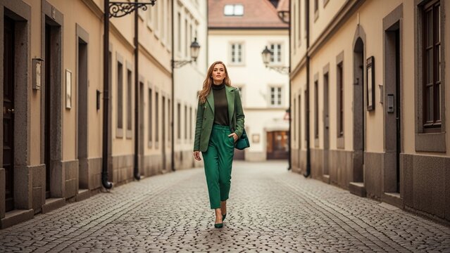 Elegant woman in green outfit walking on cobblestone street