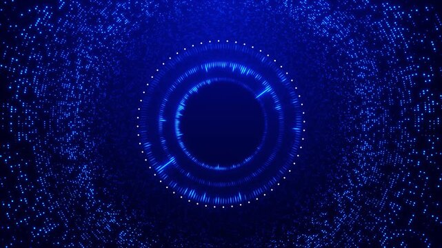 Digital music spectrum ring with blue circular waveform, particle halo, futuristic sound interface style. for DJ visuals, audio intros, podcast graphics, equalizer loops, and music channel overlays.