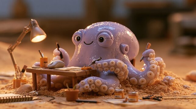 Glossy clay octopus working late at a small wooden desk with a lamp and scattered pens, warm and humorous busy workday scene