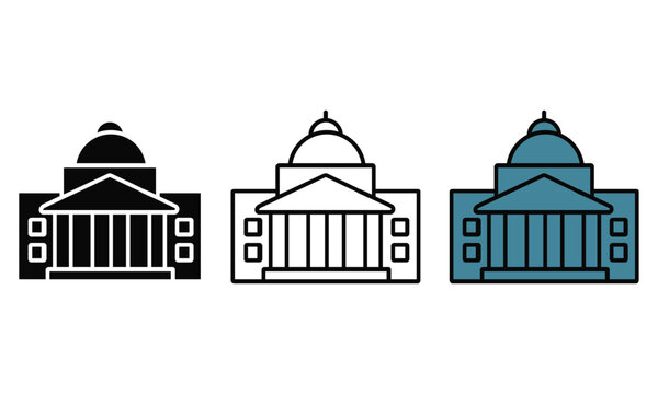 Three stylized government building icons in different colors