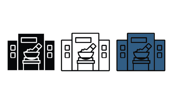 Three stylized restaurant or food outlet icons with bowls and utensils