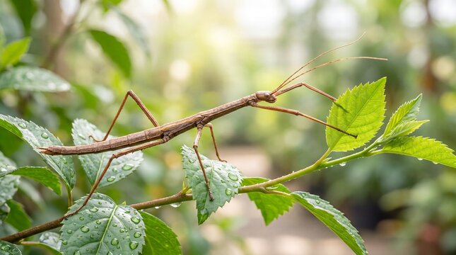 Stick insect feeding on fresh green leaves in a tropical garden  
