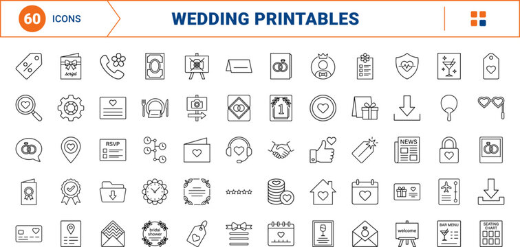 Wedding printable store line icon set. Vector pictograms of printables, invitation, stationery, and instant elements, thin linear illustration.