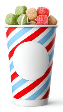 Colorful candy cup with striped design and assorted gumdrops