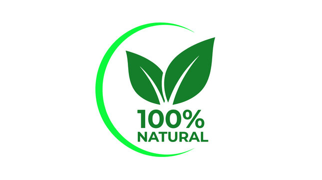 Green circular logo featuring two stylized leaves with the text 100% NATURAL in bold green font below, symbolizing eco-friendly and organic products, 100% natural, pure, sustainable, environment
