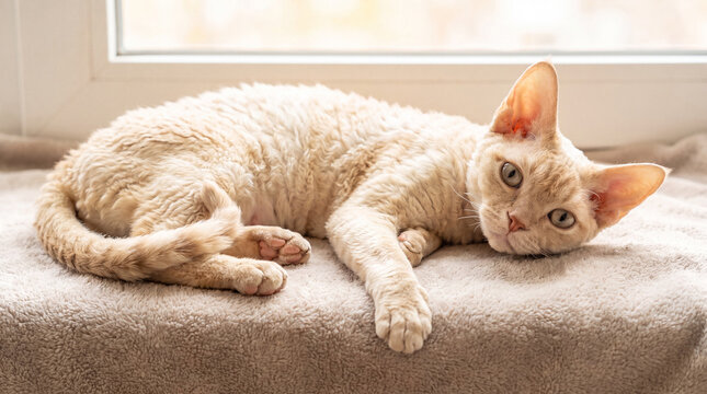 Devon Rex cat relaxing on soft surface by the window  
