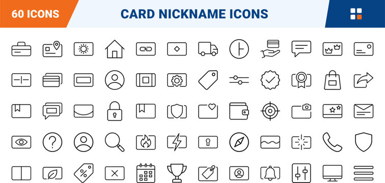 Card nickname line icon set. Vector pictograms of account, payment, profile, and labeling elements, thin linear illustration.