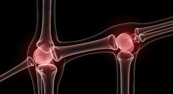 3D render of human knee joint with red inflammation.