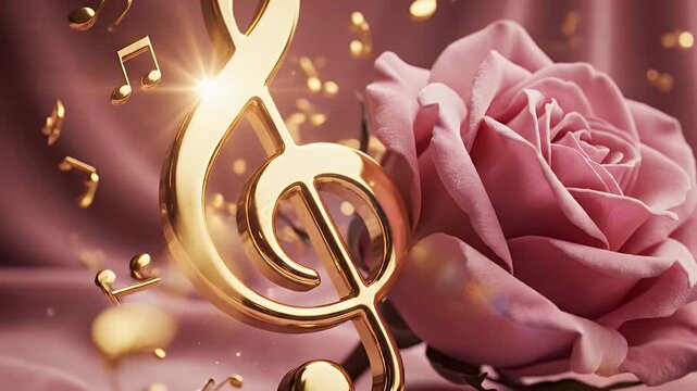 Elegant golden treble clef with musical notes beside a soft pink rose in a romantic glowing scene
