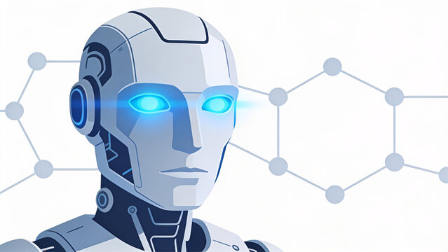 Futuristic artificial intelligence robot head with glowing blue eyes and digital network
