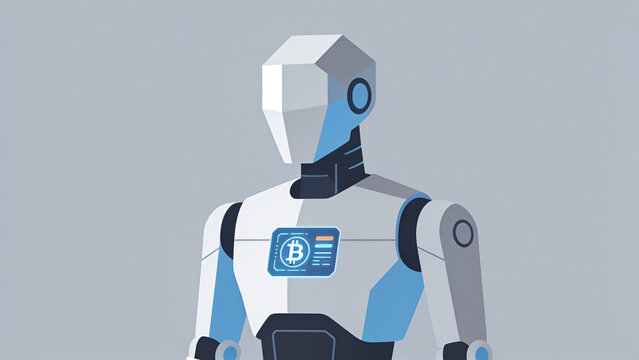Futuristic white and blue humanoid robot with cryptocurrency symbol on chest