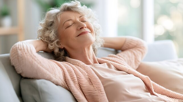 Happy senior woman relaxing comfortably on a sofa at home