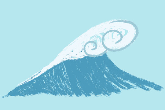 Single big stormy ocean wave with white foam swirl, japanese tsunami style textured vector sea illustration isolated on light blue background.