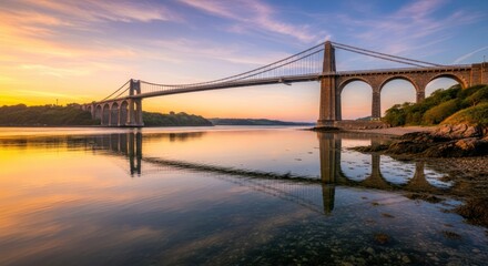 Fototapeta premium Majestic Bridge Reflecting in Calm Water at Sunset.