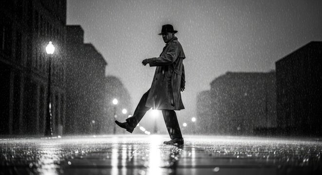 Man walking through rainy city street at night