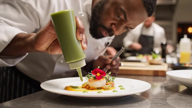 Male chef carefully garnishing gourmet scallop dish in restaurant kitchen