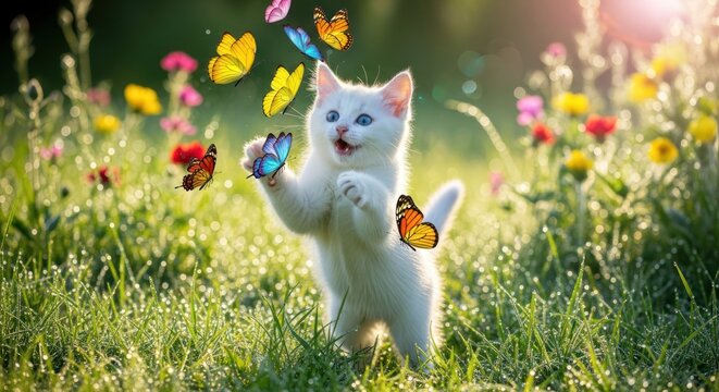 Playful White Kitten Chasing Butterflies in a Sunny Meadow.