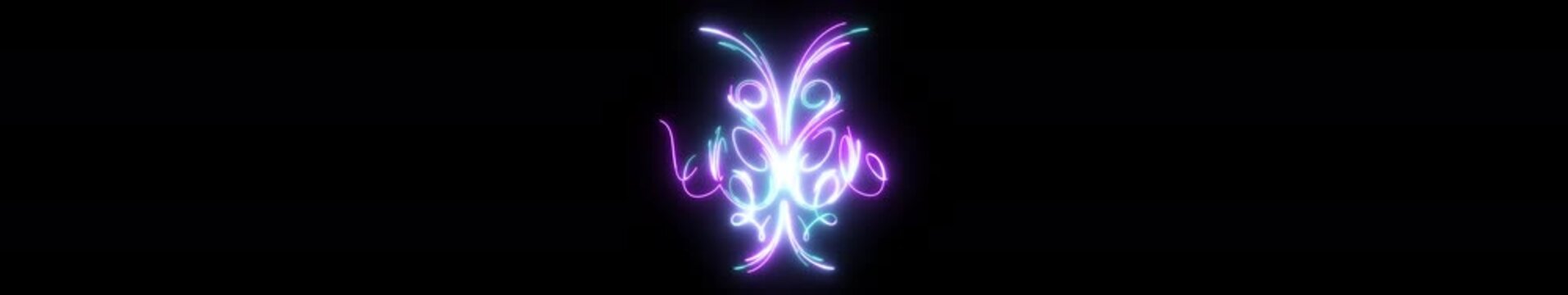 Ultrawide Abstract Neon Light Ornament Animation with Purple and Cyan Glowing Lines, Symmetrical Futuristic Decorative Loop Background in 4K.