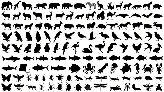 Large collection of black animal silhouettes featuring mammals birds fish insects and sea creatures for educational design projects and nature themed graphic illustrations