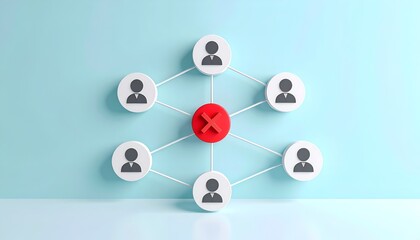 Fototapeta premium Minimal social network diagram with central red blocked node connected to user icons, representing disconnection, security control, or restricted access.