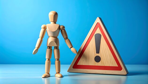 Wooden mannequin standing near a large yellow caution sign with exclamation mark, ideal for warning messages, safety campaigns, and accident prevention themes.