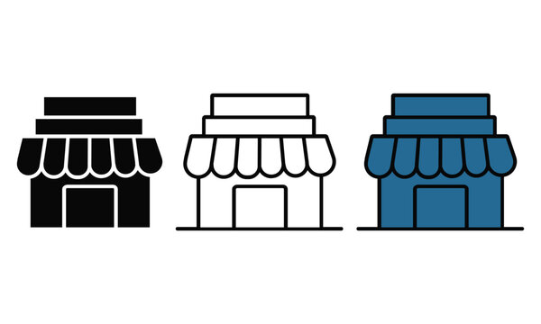 Three stylized storefront icons with different colors isolated