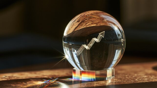 Crystal paperweight on a warm wooden desk with a golden stepped arrow inside and prismatic light scattering nearby