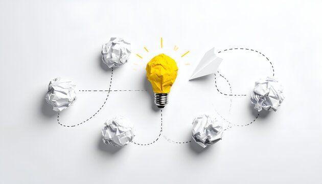 Paper airplane flying toward a glowing paper light bulb, symbolizing creativity, innovation, strategic direction, success, and idea development.