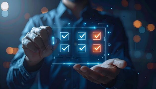 Person interacting with a holographic checklist interface, symbolizing digital approval, task management, workflow automation, quality control, and business productivity.