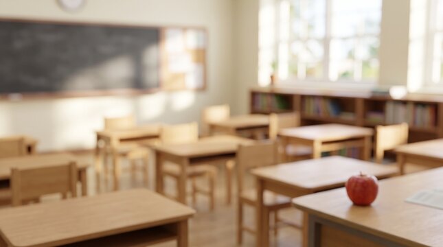 Blurred Empty Classroom with Wooden Desks, Chalkboard and Red Apple on Desk