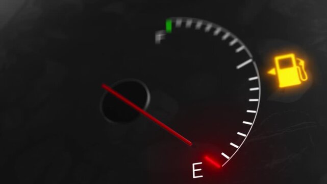 Car fuel gauge warning background needle, empty marker, glowing petrol icon, dark dashboard style. automotive videos, fuel economy clips, low gas alerts, vehicle service promos, transport overlays.