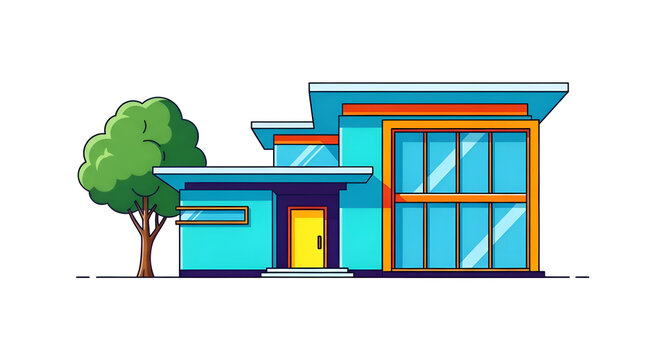 Modern minimalist house with a tree clean lines bright blue and orange accents vector illustration
