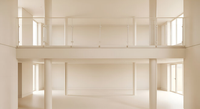 Modern minimalist interior with a mezzanine glass railing and tall white columns