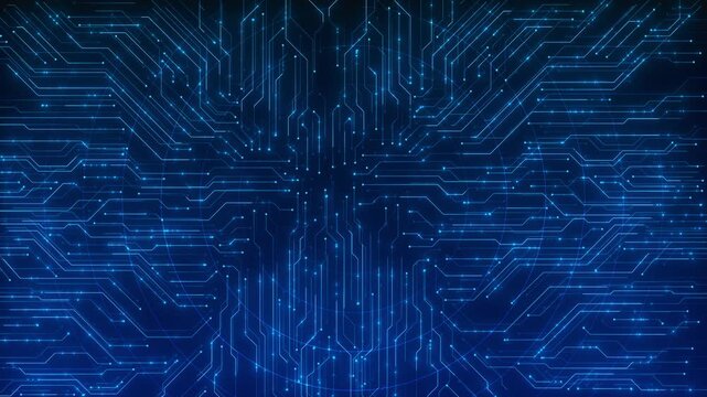 Futuristic blue electronic circuit bright cyan pathways, tiny glowing nodes, and clean symmetrical tech structure. for software intros, hardware explainers, AI visuals, data systems, motion graphics.