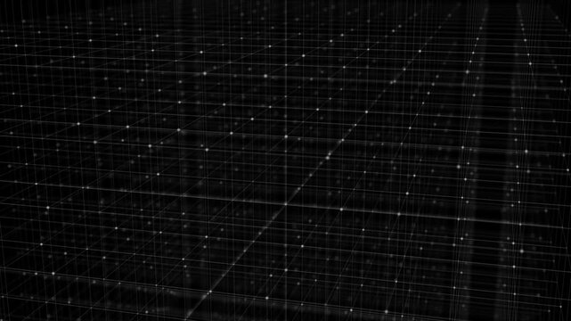 Monochrome digital grid network white intersecting lines, glowing nodes, dark technical depth. data visualization videos, architecture scenes, cyber analysis, scientific overlays, tech presentations.