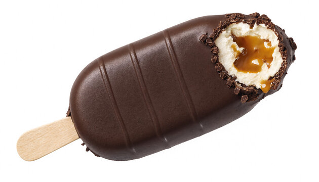 Bitten chocolate ice cream bar on a wooden stick with caramel filling
