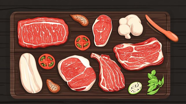 Assorted Raw Beef and Pork Cuts Arranged on a Wooden Cutting Board with Garlic and Herbs