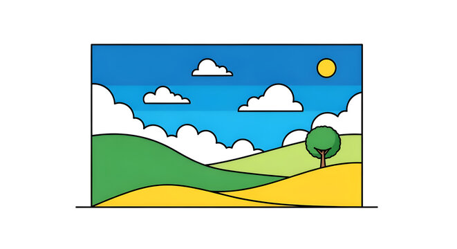 Stylized cartoon landscape with rolling green hills fluffy clouds and a bright yellow sun in a blue sky