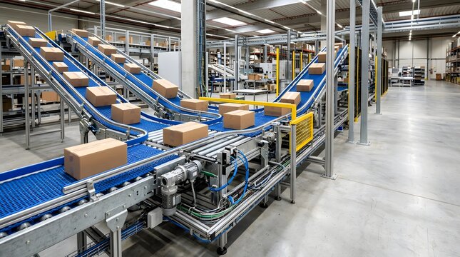 modular conveyor transfer junction connecting multiple packaging lines inside automated fulfillment center