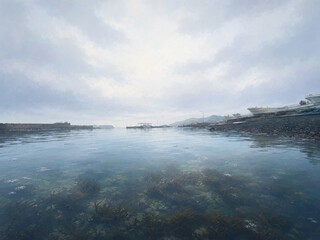 Fototapeta premium Quiet Coastal Harbor Water Under an Overcast Sky