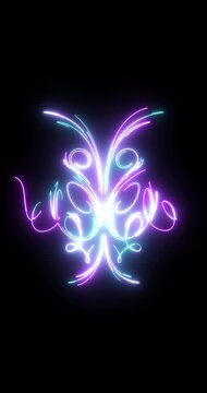 Abstract Neon Light Ornament Animation with Glowing Purple and Cyan Light Trails, Symmetrical Futuristic Decorative Design, Seamless Loop 4K Background