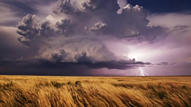 Dramatic supercell thunderstorm over golden wheat field with lightning strikes and dark storm clouds