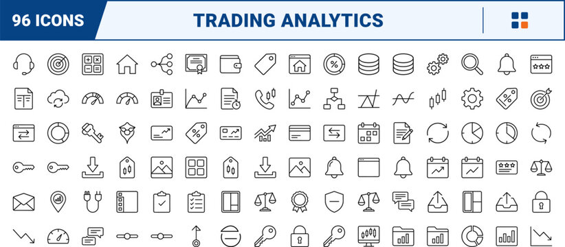 Business line icon set. Vector pictograms of market, analytics, portfolio, and platform elements, thin linear illustration.
