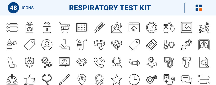 Pulmonary function lab website kit line icon set. Vector pictograms of spirometer, lung, test, and respiratory elements, thin linear illustration.