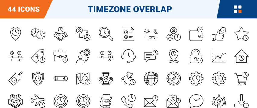 Timezone overlap tool line icon set. Vector pictograms of world, clock, team, and scheduling elements, thin linear illustration.