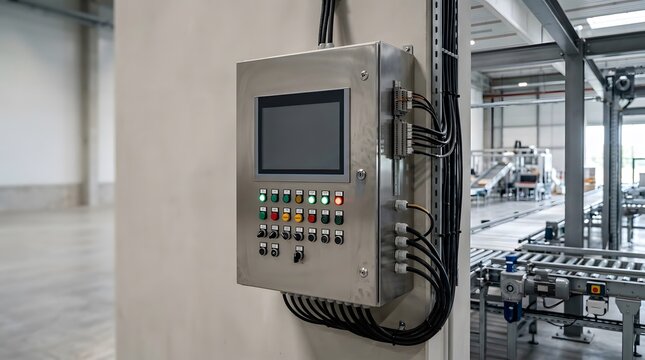 industrial plc control cabinet with blank hmi touchscreen for automated conveyor system in warehouse