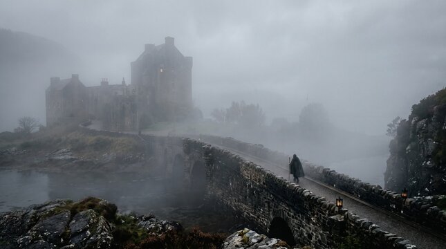 Misty medieval castle on a foggy hilltop at dawn.