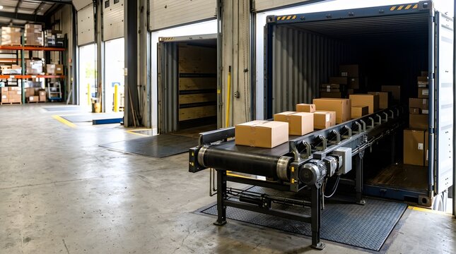 industrial telescopic belt conveyor extending into shipping container for automated warehouse loading operations