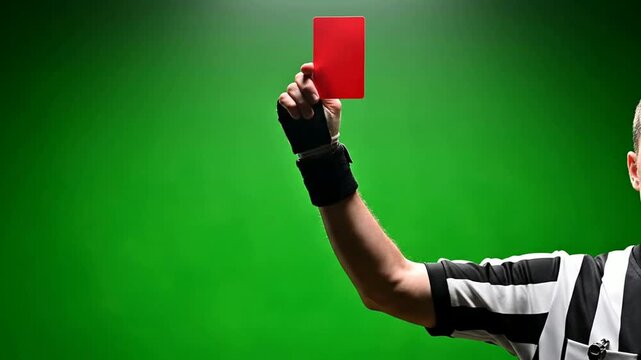 Sports referee holding up a red card against green screen background, for penalty and, disqualification concept