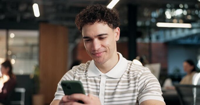 Business, man and reading in office with phone, news research and email source to confirm facts. Smile, male person or coworking in workplace with mobile, proofreading and story draft for publication